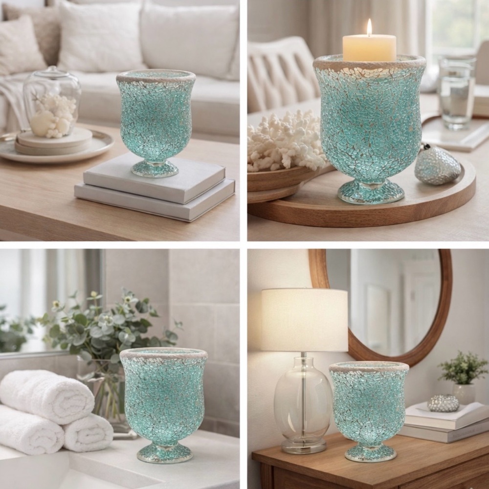 Turquoise crackle mosaic glass pedestal vase